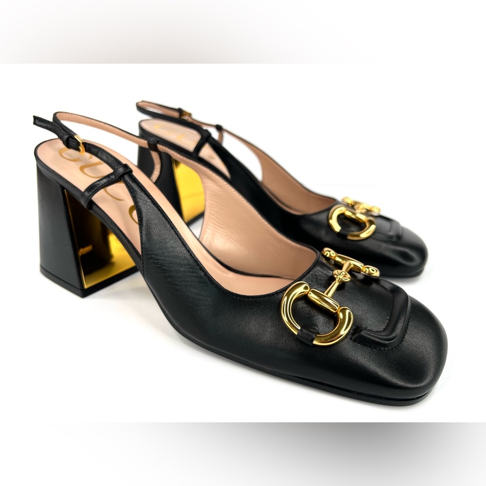 Gucci Black Leather Heels with Gold Detailing - Picture 2 of 11